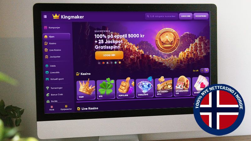 Hovedsiden til Kingmaker på skjermen til bærbar datamaskin